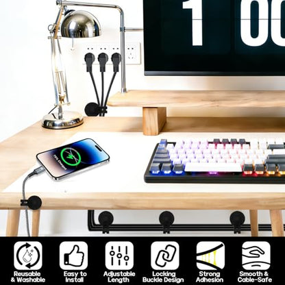12Pcs Silicone Cable Straps, Self Adhesive Cable Management Under Desk, Reusable Cable Clip, Wire Organizers for Cords, Cord Holder for Home, Kitchen, Office, Bedroom, Car (Black)