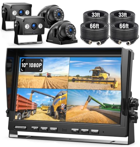 ZEROXCLUB 4 Wired Backup Camera System, 10" 1080P Monitor IP69K Waterproof Vibration-Proof 10G Rear Side View Camera, Quad Split Screen for Tractor, Truck, Trailer, Combine, Heavy Equipment, BH104 - size: 10"-4 Cam