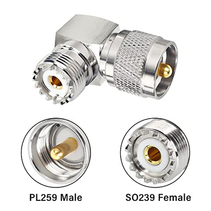 MOOKEERF PL259 Male to UHF Female Right Angle Adapter, 2-Pack UHF Male to SO239 Female L Shape 90 Degree RF Coax Connector CB Radio Connectors