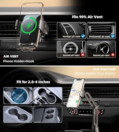 Dual Coil 15W Cup Phone Holder Mount, 2 in 1 Wireless Car Charger Auto-Clamping Fast Charging Vent Phone Holders for Your Car for iPhone 17 16 15 14 13 12 11, Samsung S25 S24 S23 S22 S21 S20