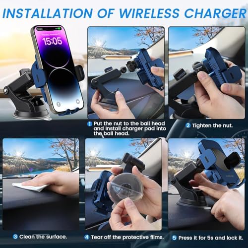 Wireless Car Charger, Fast Charging 15W Auto Clamping Car Charger Phone Holder Phone Mount for iPhone17 16 15 14 13 12 11 Pro Max Xs, Samsung Galaxy S24 Ultra S23 S22 S21 S20 S10+ Note 9, etc - color: Blue