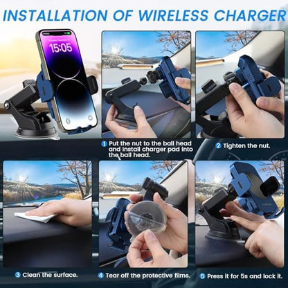 Wireless Car Charger, Fast Charging 15W Auto Clamping Car Charger Phone Holder Phone Mount for iPhone17 16 15 14 13 12 11 Pro Max Xs, Samsung Galaxy S24 Ultra S23 S22 S21 S20 S10+ Note 9, etc - color: Blue