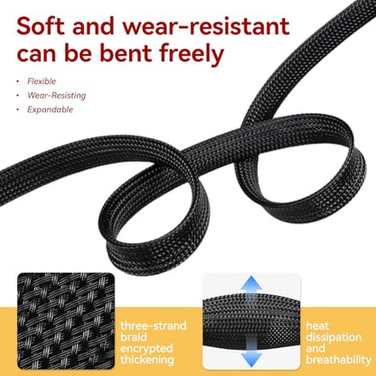 Braided Cable Management Sleeve, 16.4ft Flexible Wear-Resistant Cable Sleeve, Expandable Wire Management for Home, Office, Industry & Automobile (Black, 13/16") - color: Black, size: 13/16"