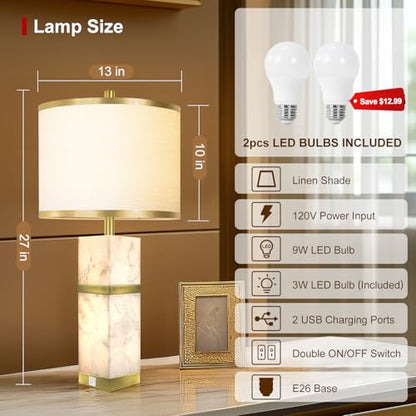 Scenekoy 27" Alabaster Table Lamps Set of 2 with Night Light for Bedroom - color: Gold