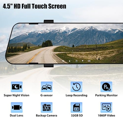 Mirror Dash Cam for Cars,4.5" Rear View Mirror 1080P Front and Rear View Dual Cameras,Super Night Vision,Parking Assistance,G-Sensor,24H Parking Monitor, Waterproof Backup Camera Free 32GB Card