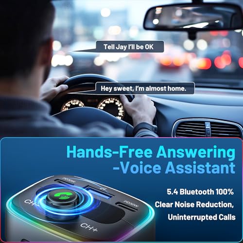Bluetooth 5.4 Car Adapter 60W Charging USB Bluetooth Adapter for Car,Wireless Fm Transmitter Radio,Handsfree Calling and Audio Receiver,HiFi Music Player,7 Colors LED Backlit - color: Colorful-60W