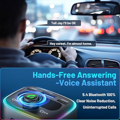 Bluetooth 5.4 Car Adapter 60W Charging USB Bluetooth Adapter for Car,Wireless Fm Transmitter Radio,Handsfree Calling and Audio Receiver,HiFi Music Player,7 Colors LED Backlit - color: Colorful-60W