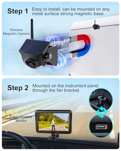 AI Magnetic Solar Wireless Backup Camera System 5" Monitor with Metal Plate
