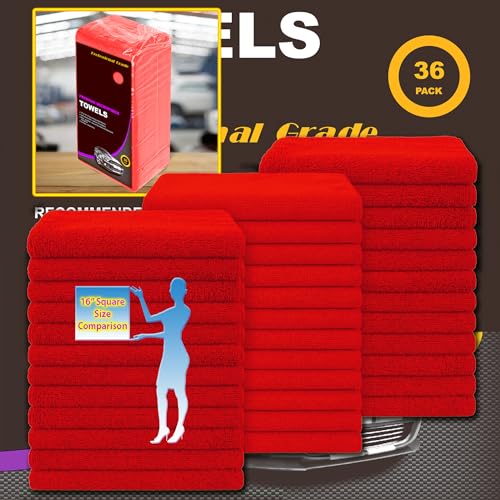 Red Microfiber Cleaning Towels, 3 Dozen Dual-Sided Cleaning Cloths Bulk Pack, Ultra Soft Plush Wash-Cloths, Micro-fiber Detailing Cleaning Cloths for Car, Household and Commercial (Red, 16" x 16") - color: Red