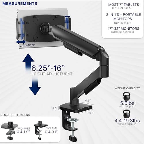 VIVO Height Adjustable Counterbalance Mechanical Arm Tablet Desk Mount, Fits 2-in-1 Laptops and 15.6 inch Portable Monitors, Max VESA 100x100, Black, STAND-V001O-M02 - size: up to 15.6" monitors + arm mount