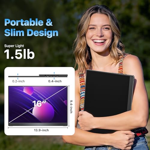 VisionOwl Portable Monitor 16 Inch 2.5K QHD 144Hz 16:10 Second Screen, USB-C HDMI HDR Travel Monitor for Laptop PC MacBook PS5 Xbox, VESA Mountable, with Speakers, Built-in Kickstand - size: 16 inch