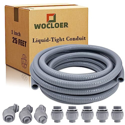 Liquid-Tight Conduit 1inch 25 Foot, Flexible Non Metallic Liquid Tight Electrical Conduit and Connector Kit, with 5 Straight and 3 90-Degree Connector Fittings, 1" Dia - size: 1inch 25Ft