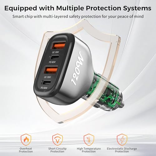 SONRU 4-Port USB C Car Charger, 120W 2*【PD60W+QC30W】 Cigarette Lighter USB Car Charger Adapter, Fast Car Phone Charger for iPhone 17/17 Pro Max/16/15/14 Series, Galaxy S24/23,iPad, Galaxy, Tablet
