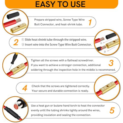 4 Gauge Wire Butt Connectors 6 PCS Brass Mechanical Butt Splice Connectors Kit 4 AWG Mechanical Repair Splice Kit Splice Screw Sleeves 6 PCS Mechanical Splices & 3:1 Heat Shrink Tubes - color: Bare Brass