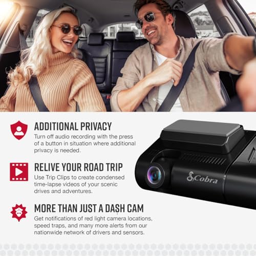 Cobra SC 220C Smart Dash Cam + Cobra 2.5A Micro USB Adapter Hardwire Kit - style: Front and Cabin View