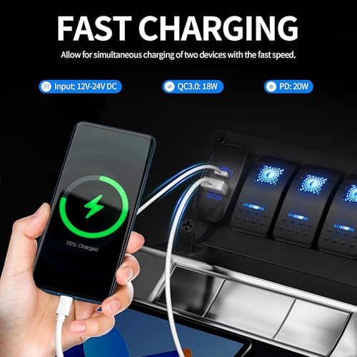 DAIERTEK USB Rocker Switch 12V Waterproof USB C & QC 3.0 Dual Ports Outlet PD Charger Socket for Car, UTV, RZR, RV, Truck, Marine - color: blue amd purple