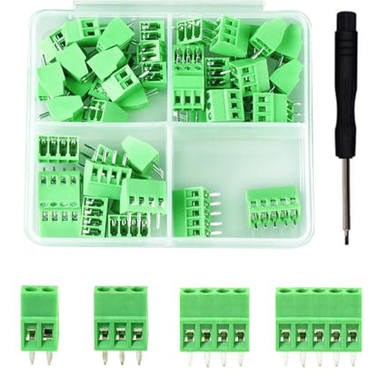 52PCS 2.54mm 0.1" Pitch PCB Mount Screw Terminal Block Connector, Minidodoca 2P 3P 4P 5P Terminals 150V 6A for 26-18AWG Cable，Equipped with Special Screwdriver - style: 52pcs Terminal Block Connector