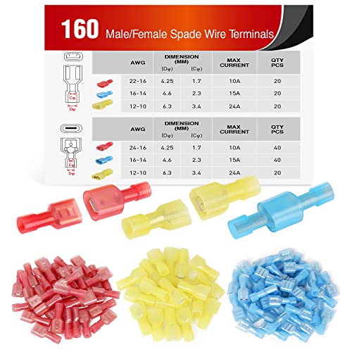 Nilight 160PCS Male Female Nylon Fully Insulated Crimp Terminals | Electrical Spade Connector 3 Sizes Easy Connect and Disconnect Assortment Kit for 22-18AWG 16-14AWG 12-10AWG Wires - color: 160PCS Crimp Terminals Connectors