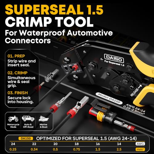 Waterproof Automotive Electrical Connectors Crimping Tool Kit, 1/2/3/4 Pin Waterproof Plugs, Ratchet Crimper for 24–14 AWG Wires, Includes Removal Tools for Car, Truck, RV, Boat Wiring Harness