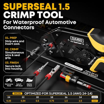 Waterproof Automotive Electrical Connectors Crimping Tool Kit, 1/2/3/4 Pin Waterproof Plugs, Ratchet Crimper for 24–14 AWG Wires, Includes Removal Tools for Car, Truck, RV, Boat Wiring Harness