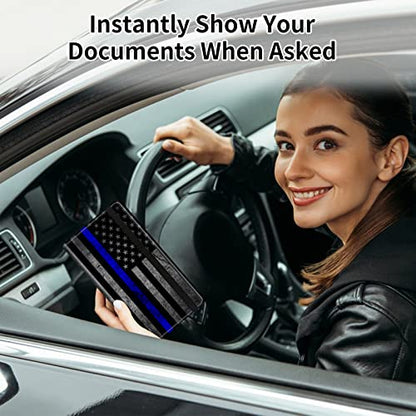 Car Registration and Insurance Card Holder, Premium Leather Vehicle Wallet Cover for Glove Box Car Organizer Drivers License / Cards / ID - Essentials Document Holder, Thin Blue Line American Flag - color: Thin Blue Line American Flag