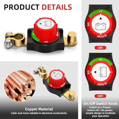 Joinfworld Top Post Battery Disconnect Switch 12V-48V Battery Kill Switch Negative On/Off Battery Switch for Cars, Vehicles, RVs and Boats - color: 250A On-Off Top Post
