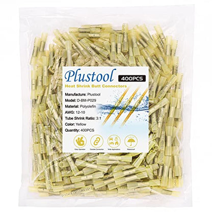 400PCS Yellow Heat Shrink Butt Connectors AWG12-10, Plustool Marine Grade Electrical Wire Connectors,Tinned Red Copper1.0mm, Insulated Waterproof Crimp Terminals Butt Splice for Cable,Boat,Wiring - color: Yellow 400PCS