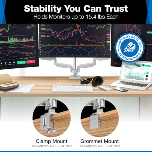 Mount-It! Triple Monitor Mount with Gas Spring Arms, Fits 24–32 Inch Screens, USB & Audio Ports, Full Motion Desk Stand with Tilt, Swivel & Rotation, Heavy Duty Silver 3 Screen Arm with Clamp - color: Silver