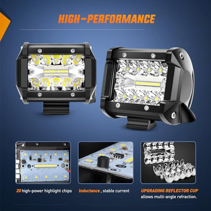Nilight 4Pcs LED Pods 4Inch 60W Triple Row Flood Spot Combo 6000LM Light Bar with 12V On/Off 5 Pin Rocker Switch 16AWG Wiring Harness Kit-4 Leads (ZH041) - color: 4Pcs Led Pods+ Wiring