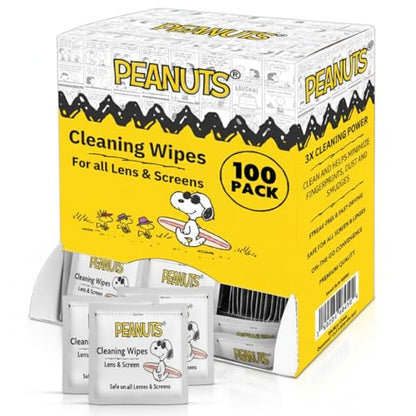 Snoopy Lens Wipes for Eyeglasses (100 Count) Disposable Eye Glasses Cleaner Wipes - Pre-Moistened Cleaner for Phone Screen, Camera & More - Scratch-Free & Streak-Free - 6 x 5 Individually Wrapped - size: 100 Pack