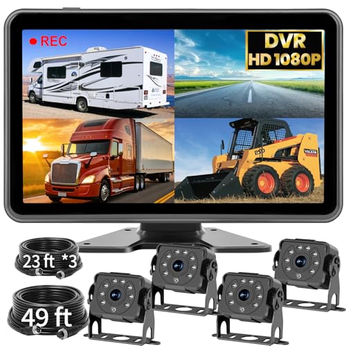 4 Wired Backup Camera System for Truck/RV, 10.1" HD 1080P Plug and Play Touch DVR Quad Split Monitor & 4 Side/Rear Camera Waterproof IR Night Vision Vibration-Proof for Trailer/Tractor/Heavy Equipment