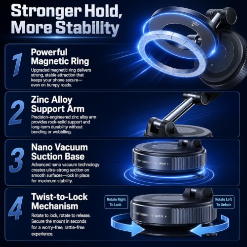 Magnetic Car Phone Mount, Vacuum Suction Cup MagSafe Cell Holder, Foldable Premium Zinc Alloy 360° Rotating Dashboard Windshield Desk Mount for Navigation and Live Streaming - color: Magnetic Car Mount Phone 1