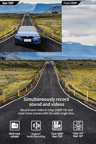 Milerong Dash Cam with 64GB Card, Dash Cam Front and Rear - size: A25-1080P Front+720P Rear with 64GB card