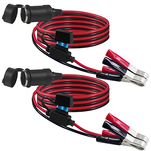 [2 PACK] 12v Battery Alligator Clips to Cigarette Lighter Socket - 3FT 12v Battery Clip On Extension Cord,12 Volt Cigarette Female Lighter Socket Extension Cord with Battery Clamp with 15A Fuse - size: 3FT-2PACK
