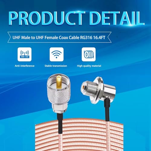 TUOLNK RG316 UHF PL259 Coax Cable, UHF Male to Right Angle SO239 Female Extension Cable, PL259 SO239 Female Elbow Coaxial Cable 16.4 ft (5M) for CB Radio, Ham Radio