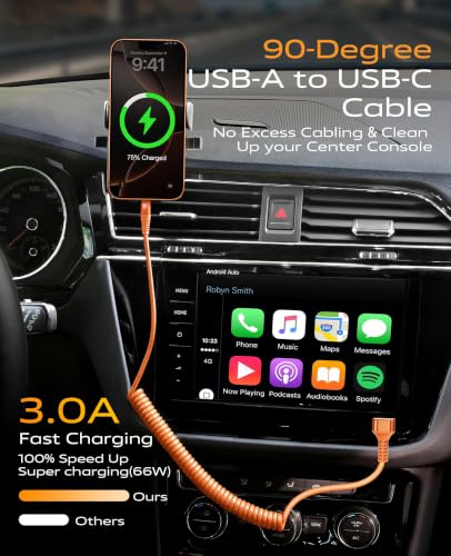 90 Degree Coiled USB A to USB C Cable, 3FT&6FT USB C Cable 3A Fast Charging - color: Orange, size: 3FT+6FT