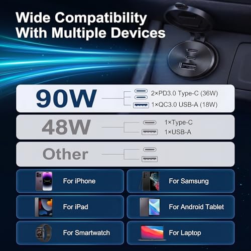 4PCS Aluminum Alloy 12V/24V RV USB Outlet 90W 3 Ports Recessed Mount - color: Deep Black, size: 4P