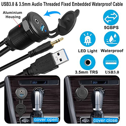 QIANRENON USB3.0 & 3.5mm Audio Threaded Fixed Embedded Car Waterproof Cable 5Gbps TRS 3.5mm & USB3.0 Dashboard Panel Mount Extension Cable, LED Lights, Al Housing, for Car Boat Motorbike,2M/6.5ft