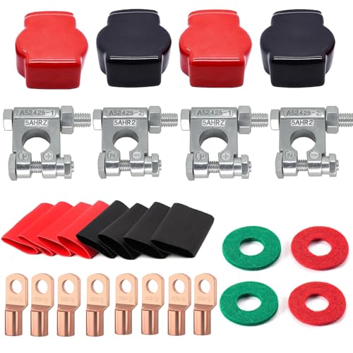 Battery Terminal Connectors, Military Spec Positive Negative Heavy Duty Auto Car Marine Battery Terminal,with 4 Pcs 2 Gauge 3/8" Copper Lugs,4 Heatshrink,2 Cover and Anti Corrosion Washers (Large Kit) - size: Terminal Package - Large Kit