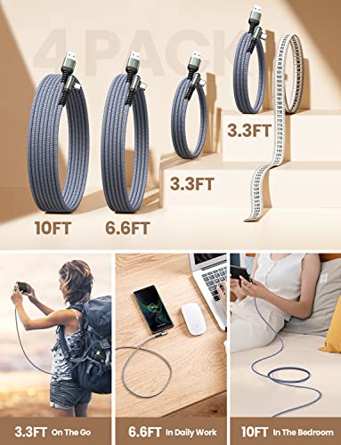 AINOPE USB C Cable 4-Pack [10/6.6/3.3/3.3FT] 3.2A 90 Degree USB C Cable Packs, Nylon Braided Angled USB C Cable Fit for Galaxy S10 S9 S8 Plus S21, Note 10 9 8, LG, Galaxy S21 Charger Fast Charging - color: Grey, size: 3.3FT+3.3FT+6.6FT+10FT