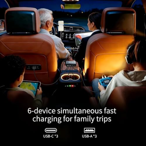 200W USB C Car Charger, 6 Port Multi Fast Charging Car Charger with PD 100W 3.0 PPS, Laptop Car Charger Compatible with MacBook, Galaxy S26/S25, Dell, HP& Other Electronics - Simultaneous Charging