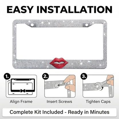 White Bling License Plate Frame for Women, Red Rhinestone Lips - color: White Frame + Red Lip
