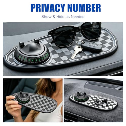 Multifunctional Car Anti Slip Mat with 360° Rotating Phone Holder, Dashboard Organizer for Sunglasses & Keys, Includes Temporary Parking Number Plate - Car Accessories for Women (Black-Gray)