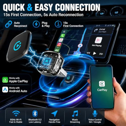 Wireless CarPlay Adapter, 2026 Upgraded Wired to Wireless for Apple CarPlay & Android Auto, Mini USB Design Car Play Adapter with Type-C Extension, Plug and Play, Stable Connection & No Latency