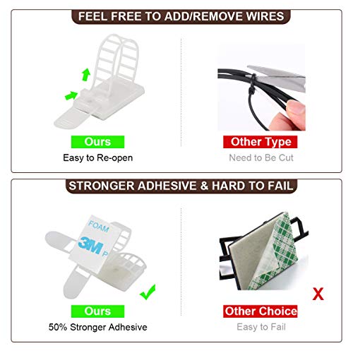 50Pcs Adhesive Cable Management Clips with 50Pcs Zip Ties, Adjustable Nylon Cable Strap Ties Wire Clips Clamps Organizer, Extra Screw & Hole - 3.55 Inch White - color: White, size: L-50pcs