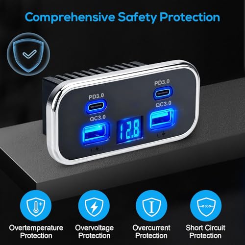 Linkstyle 12V USB Outlet Panel, 4-Port Car Charger with Dual 20W PD USB-C & Dual 18W QC3.0 Ports, Built-in Voltmeter, 12V/24V RV Charging Panel for Camper Travel Trailer - color: 1PCS