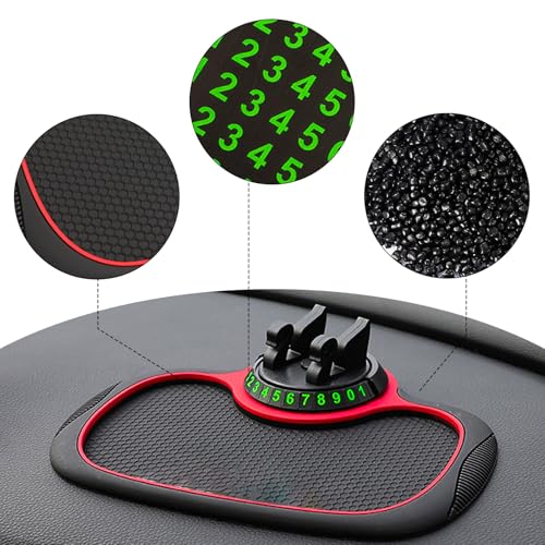 Multifunctional 3-in-1 Car Anti-Slip Dashboard Mat, Extra Large Anti Skid Pad with 360°Rotating Phone Holder & Temporary Parking Number, Universal Dash Organizer for Phones Sunglasses (Black & Red)