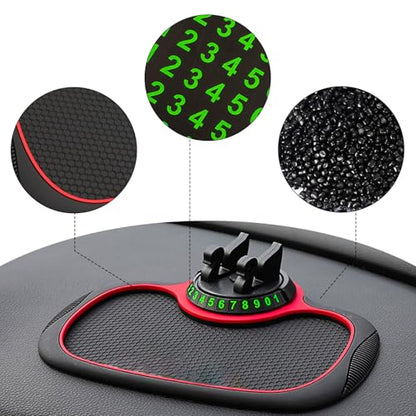 Multifunctional 3-in-1 Car Anti-Slip Dashboard Mat, Extra Large Anti Skid Pad with 360°Rotating Phone Holder & Temporary Parking Number, Universal Dash Organizer for Phones Sunglasses (Black & Red)