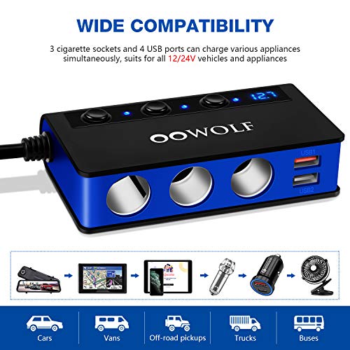 OOWOLF 7 in 1 180W Quick Charge 3.0 Cigarette Lighter Adapter, with Cigarette Lighter Function, for 12V-24V Car, 3-Socket Splitter, 4 USB Ports Car Power Adapter for GPS, Dash Cam, Phone, Tablet etc - color: BLACK-BLUE
