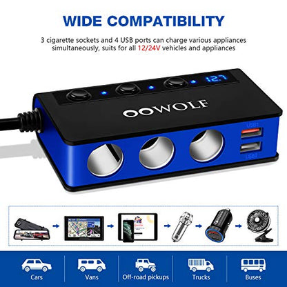OOWOLF 7 in 1 180W Quick Charge 3.0 Cigarette Lighter Adapter, with Cigarette Lighter Function, for 12V-24V Car, 3-Socket Splitter, 4 USB Ports Car Power Adapter for GPS, Dash Cam, Phone, Tablet etc - color: BLACK-BLUE